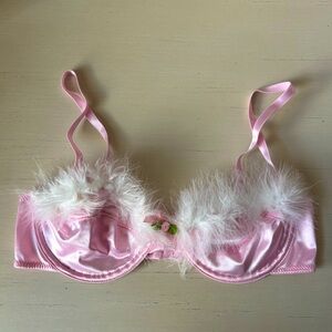 NWOT Sugar thrillz baby pink satin balconette bra with feather trim